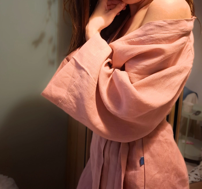 Lniany Szlafrok damski - RÓŻOWY mini