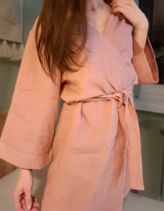 Lniany Szlafrok damski - RÓŻOWY midi