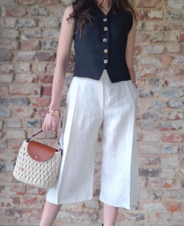 Spodnie Lniane damskie, BERMUDY/KULOTY - naturalny krem, Rozmiar S/M