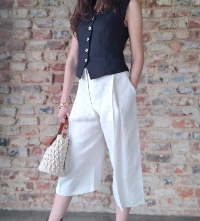 Spodnie Lniane damskie, BERMUDY/KULOTY - naturalny krem, Rozmiar S/M