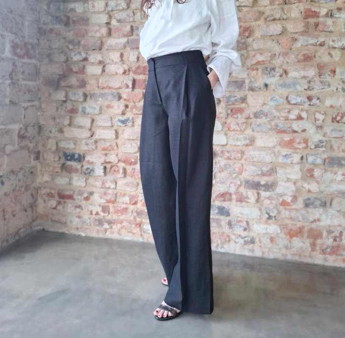 Spodnie Lniane damskie, PALLAZZO z zakładkami, czarne - rozmiar M