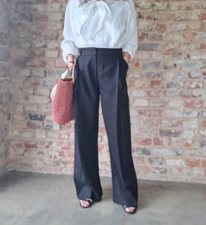 Spodnie Lniane damskie, PALLAZZO z zakładkami, czarne - rozmiar M