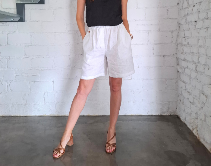 Szorty LNIANE, spodenki damskie LEN 100% - BIAŁE, rozmiar S/M