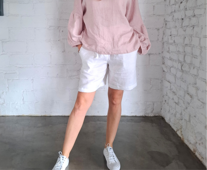 Szorty LNIANE, spodenki damskie LEN 100% - BIAŁE, rozmiar S/M