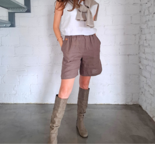 Szorty LNIANE, spodenki damskie LEN 100% - BRĄZOWE, rozmiar S/M