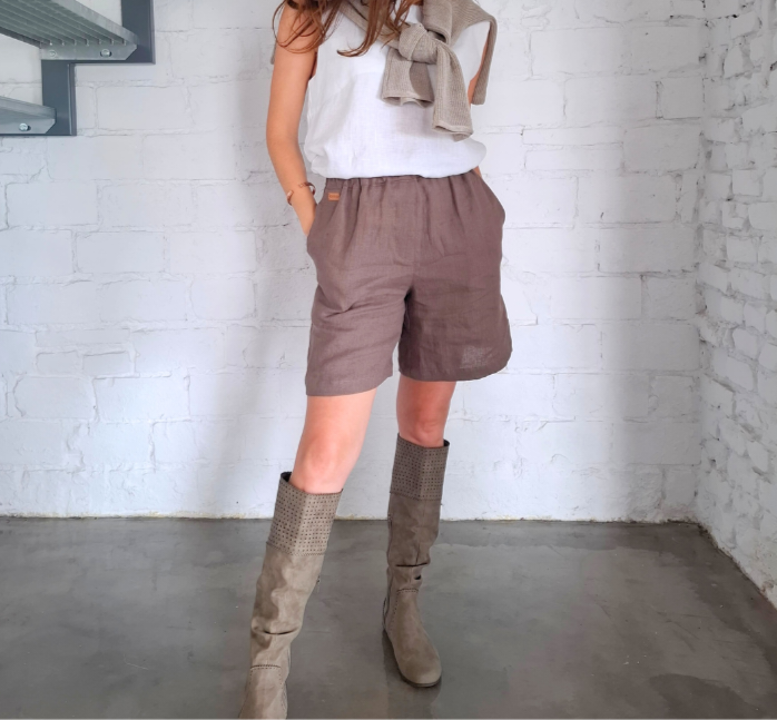 Szorty LNIANE, spodenki damskie LEN 100% - BRĄZOWE, rozmiar S/M