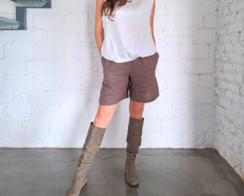 Szorty LNIANE, spodenki damskie LEN 100% - BRĄZOWE, rozmiar S/M