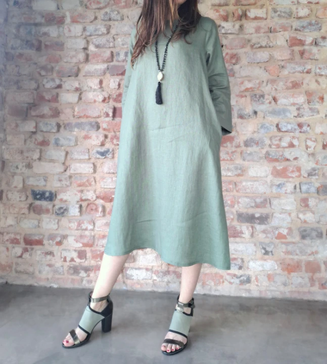 Suknia Lniana, MIDI trapezowa - zieleń awokado, rozmiar S/M