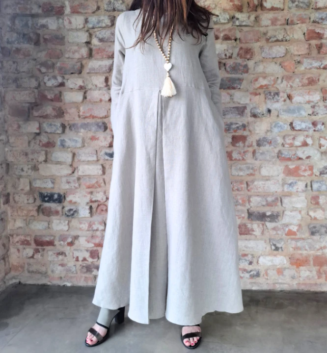 Suknia Lniana AMISZKA, maxi z zakładką - rozmiar S/M