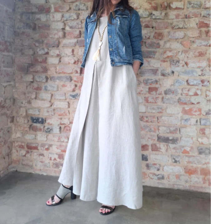 Suknia Lniana AMISZKA, maxi z zakładką - rozmiar S/M