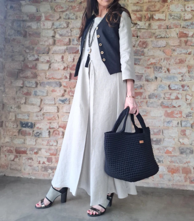 Suknia Lniana AMISZKA, maxi z zakładką - rozmiar S/M