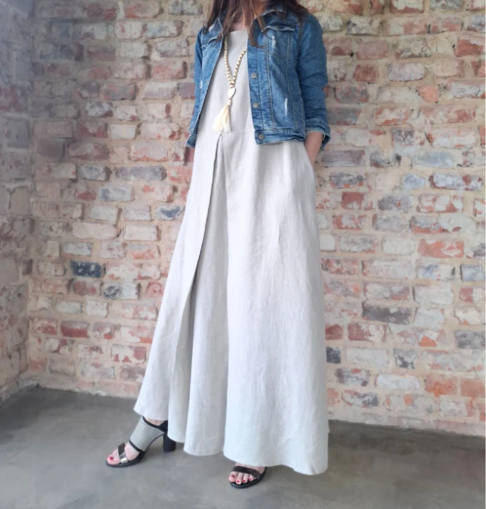 Suknia Lniana AMISZKA, maxi z zakładką - rozmiar L/XL