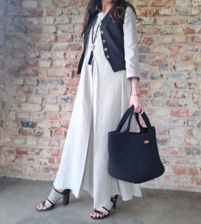 Suknia Lniana AMISZKA, maxi z zakładką - rozmiar L/XL