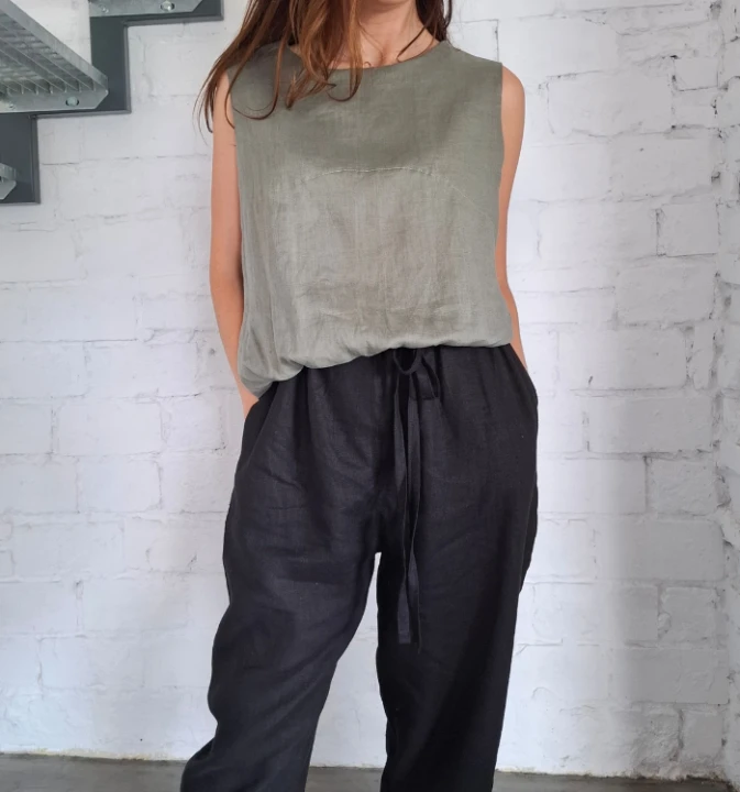 BLUZKA lniana bez rękawów, TOP LNIANY damski - rozmiar S/M, LEN 100% , ZIELEŃ AWOKADO