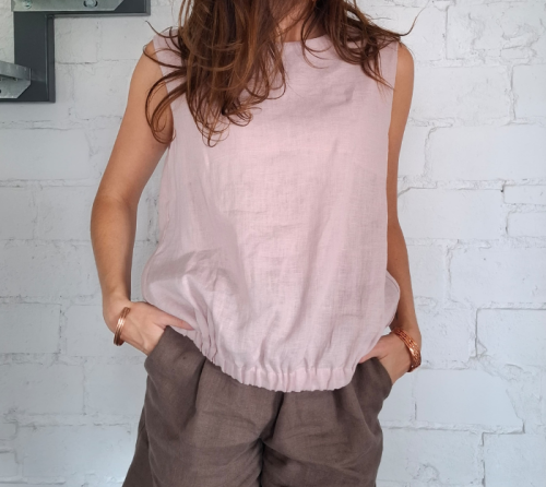 BLUZKA lniana bez rękawów, TOP LNIANY damski - rozmiar S/M, LEN 100% , MGLISTY RÓŻ