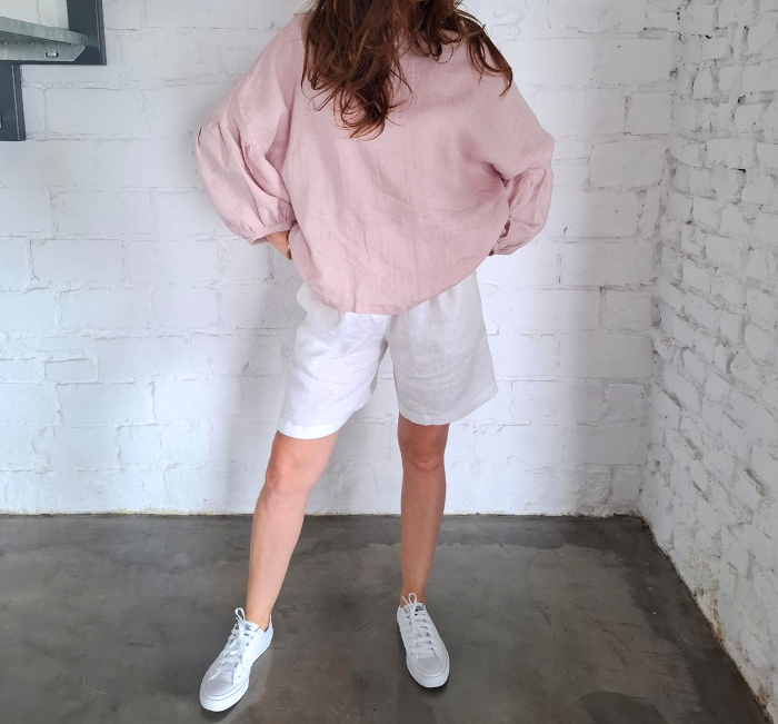 BLUZKA lniana z falbaną BOHO, LEN 100% - rozmiar uniwersalny, kolor MGLISTY RÓŻ