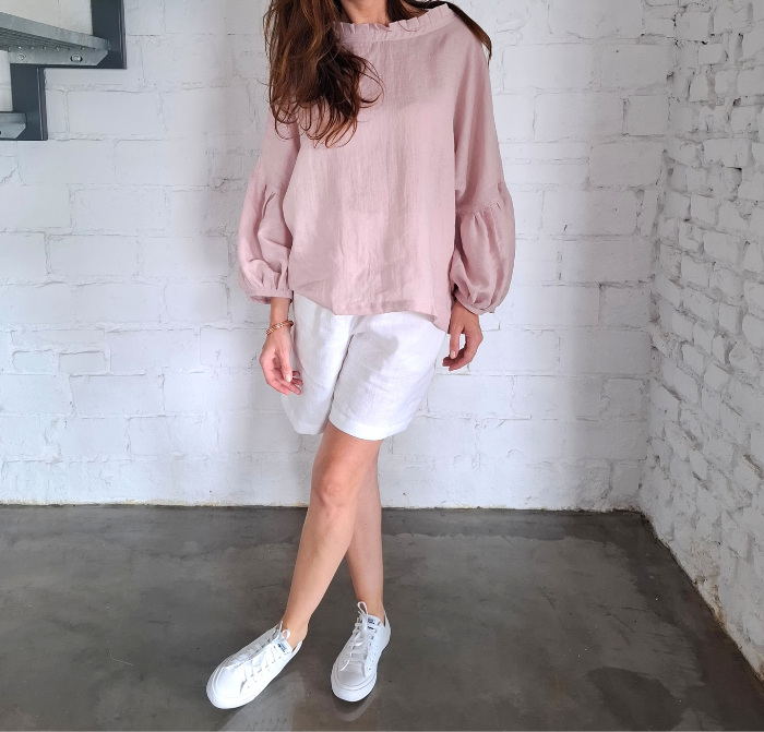 BLUZKA lniana z falbaną BOHO, LEN 100% - rozmiar uniwersalny, kolor MGLISTY RÓŻ