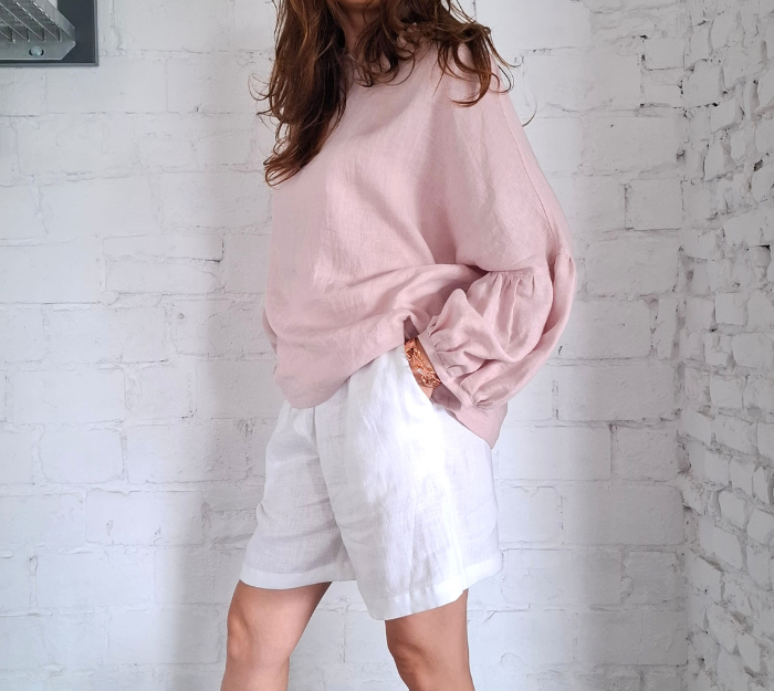 BLUZKA lniana z falbaną BOHO, LEN 100% - rozmiar uniwersalny, kolor MGLISTY RÓŻ