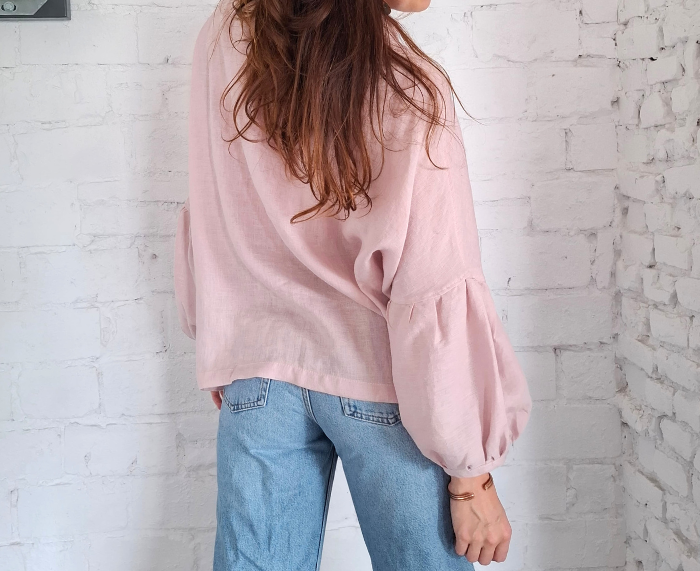 BLUZKA lniana z falbaną BOHO, LEN 100% - rozmiar uniwersalny, kolor MGLISTY RÓŻ