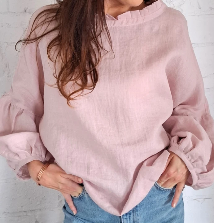 BLUZKA lniana z falbaną BOHO, LEN 100% - rozmiar uniwersalny, kolor MGLISTY RÓŻ