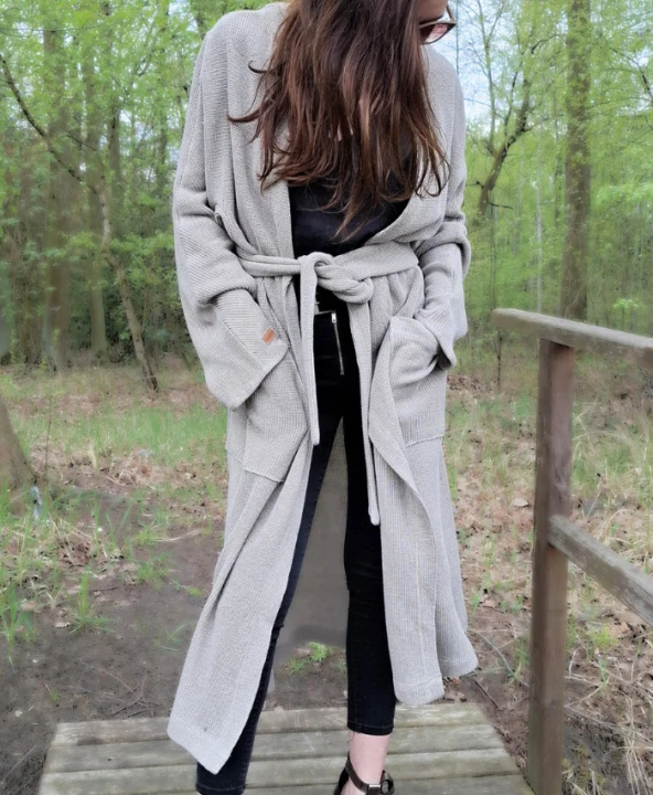 Płaszcz, Kardigan damski, naturalny beż LEN 100% - rozmiar uniwersalny