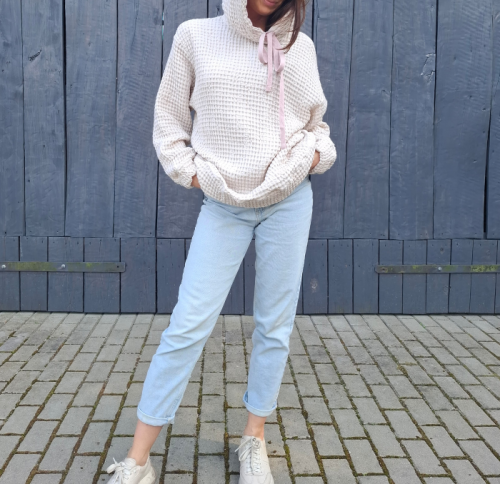 BLUZA lniano-bawełniana Z KAPTUREM, kremowa z różowym kapturem UNISEX S/M