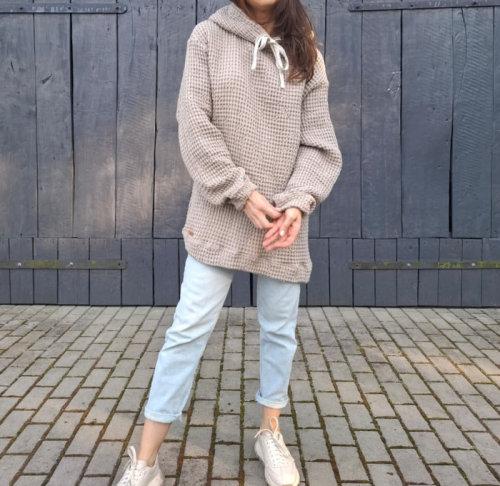 BLUZA lniano-bawełniana Z KAPTUREM, szara z naturalnym kapturem UNISEX S/M