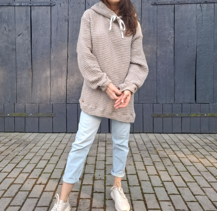 BLUZA lniano-bawełniana Z KAPTUREM, szara z naturalnym kapturem UNISEX S/M