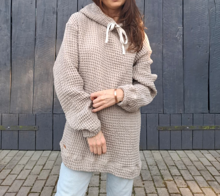 BLUZA lniano-bawełniana Z KAPTUREM, szara z naturalnym kapturem UNISEX S/M