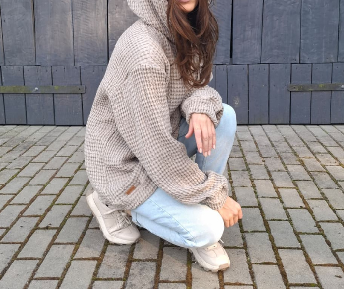 BLUZA lniano-bawełniana Z KAPTUREM, szara z naturalnym kapturem UNISEX S/M