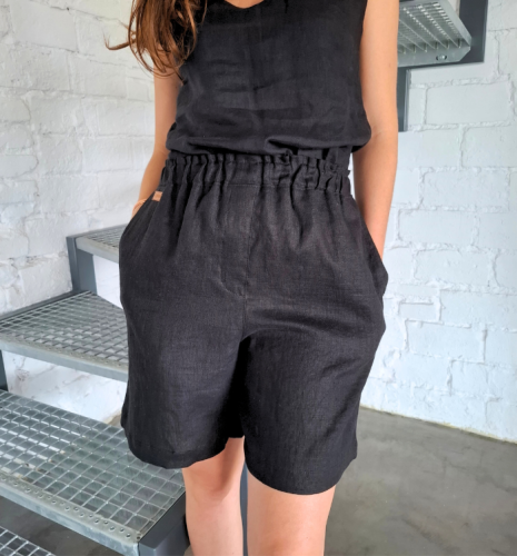 Szorty LNIANE, spodenki damskie LEN 100% - CZARNE, rozmiar S/M