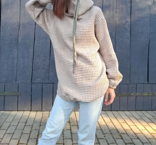 BLUZA lniano-bawełniana Z KAPTUREM, szara z zielonym kapturem UNISEX S/M