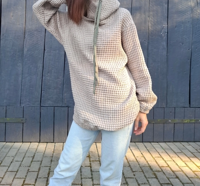 BLUZA lniano-bawełniana Z KAPTUREM, szara z zielonym kapturem UNISEX S/M