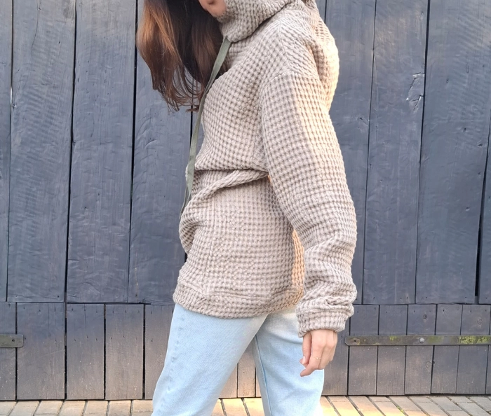 BLUZA lniano-bawełniana Z KAPTUREM, szara z zielonym kapturem UNISEX S/M