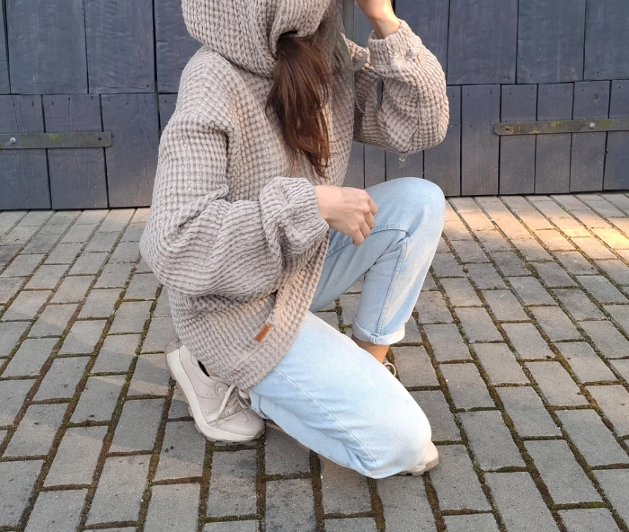 BLUZA lniano-bawełniana Z KAPTUREM, szara z zielonym kapturem UNISEX S/M