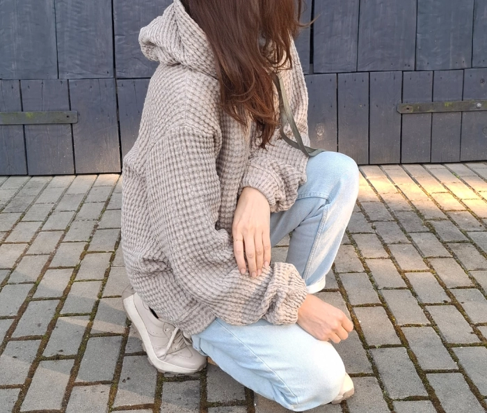 BLUZA lniano-bawełniana Z KAPTUREM, szara z zielonym kapturem UNISEX S/M