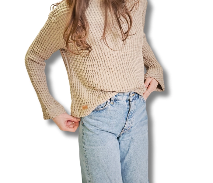 Sweter damski, Bluza z wafelka lniano-bawełnianego - Naturalny S/M
