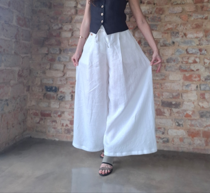 Spódnico-spodnie lniane, SZEROKIE białe - rozmiar S/M