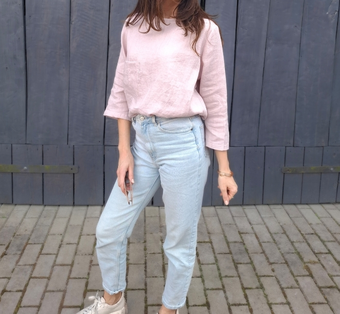 BLUZKA BASIC lniana z kieszonką, mglisty RÓŻ