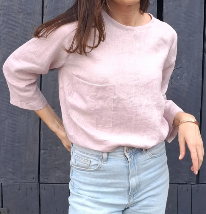 BLUZKA BASIC lniana z kieszonką, mglisty RÓŻ