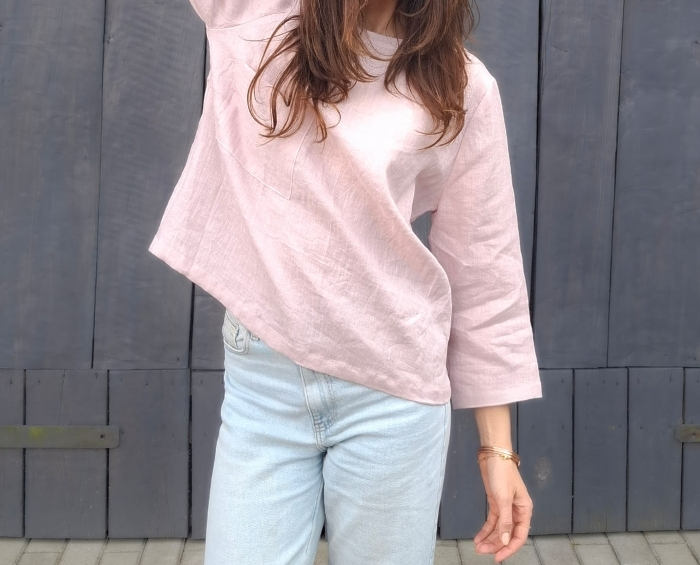 BLUZKA BASIC lniana z kieszonką, mglisty RÓŻ