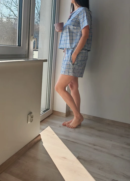 Piżama damska z tkaniny lniano-bawełnianej - M/L