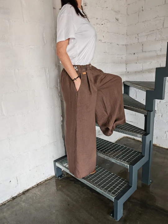 Spódnico- spodnie z zakładkami 100% len- S/M/L czekoladowy brąz