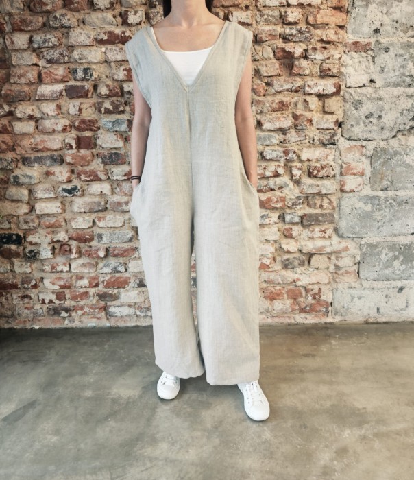 Ogrodniczki damskie 100% len- Oversize naturalny beż