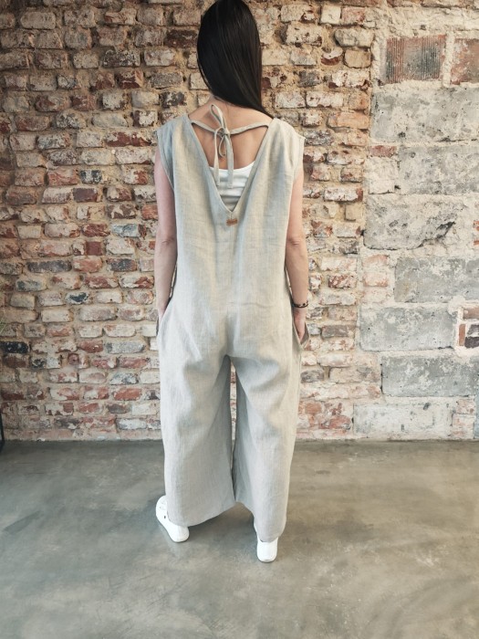 Ogrodniczki damskie 100% len- Oversize naturalny beż