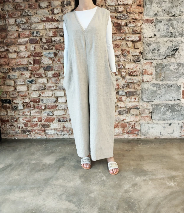 Ogrodniczki damskie 100% len- Oversize naturalny beż