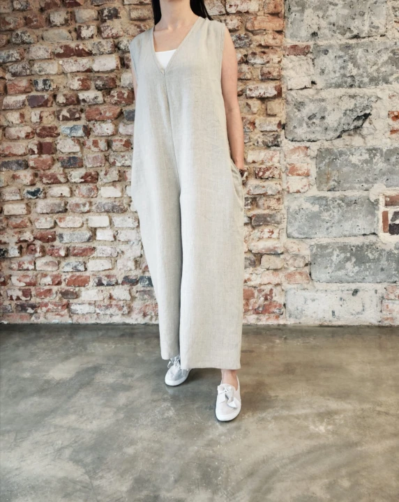 Ogrodniczki damskie 100% len- Oversize naturalny beż