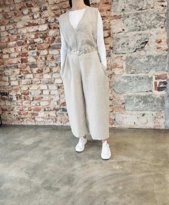 Ogrodniczki damskie 100% len- Oversize naturalny beż