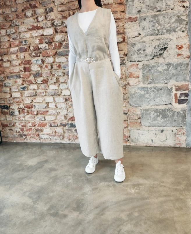 Ogrodniczki damskie 100% len- Oversize naturalny beż