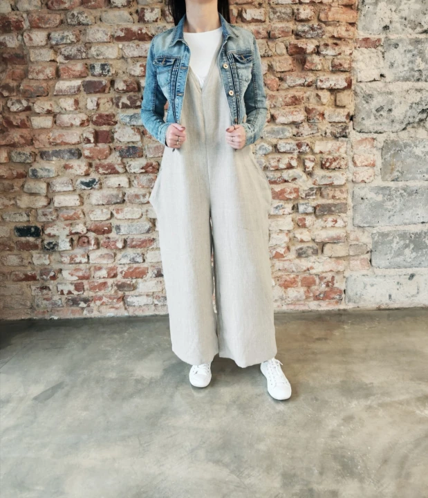 Ogrodniczki damskie 100% len- Oversize naturalny beż